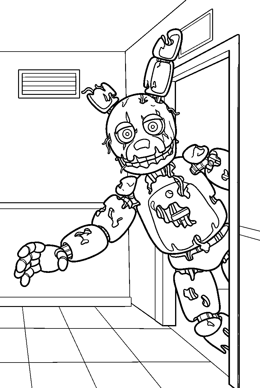 fnaf springtrap reaching from doorway in restroom corridor line art