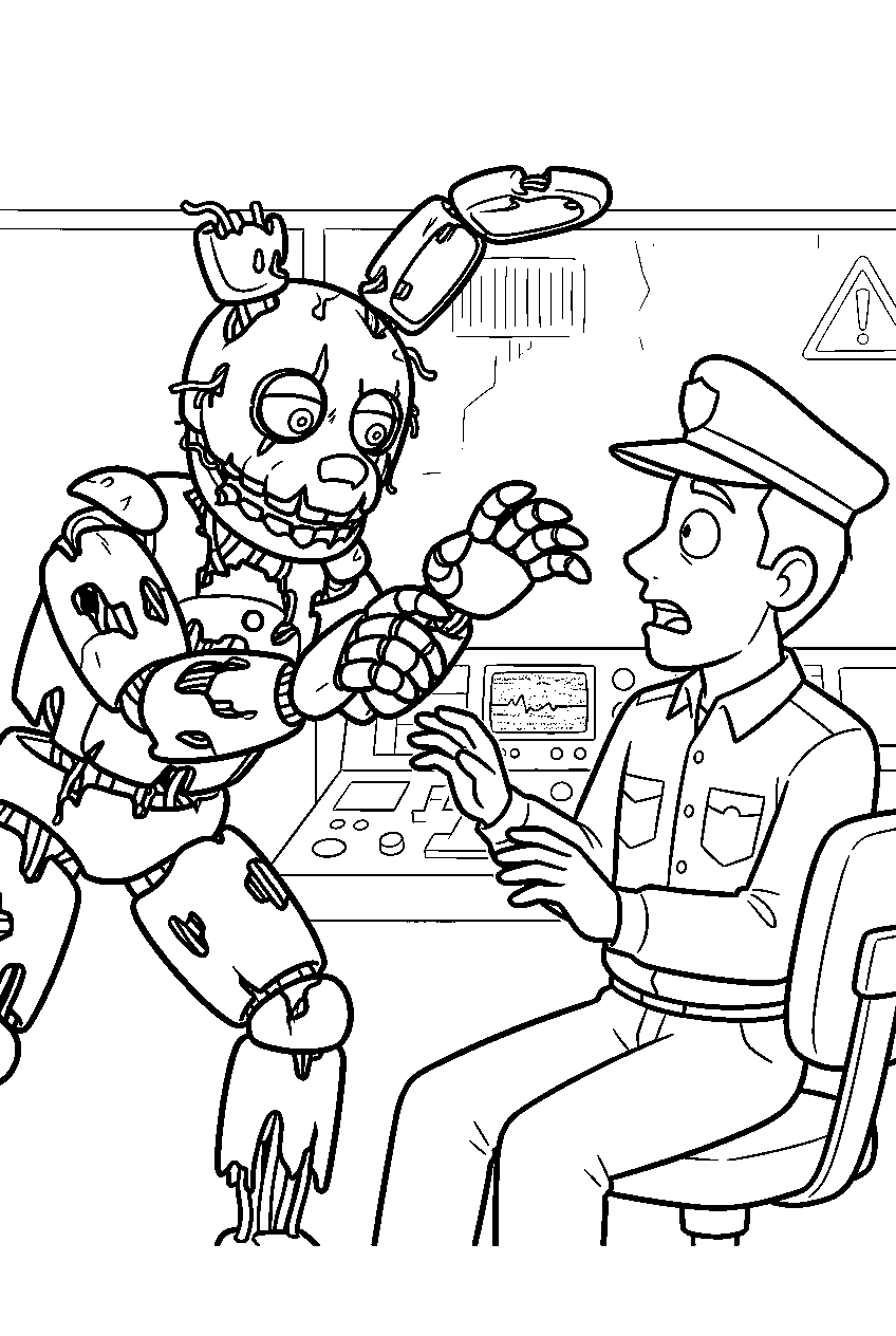 fnaf springtrap reaching toward night guard in control booth line art