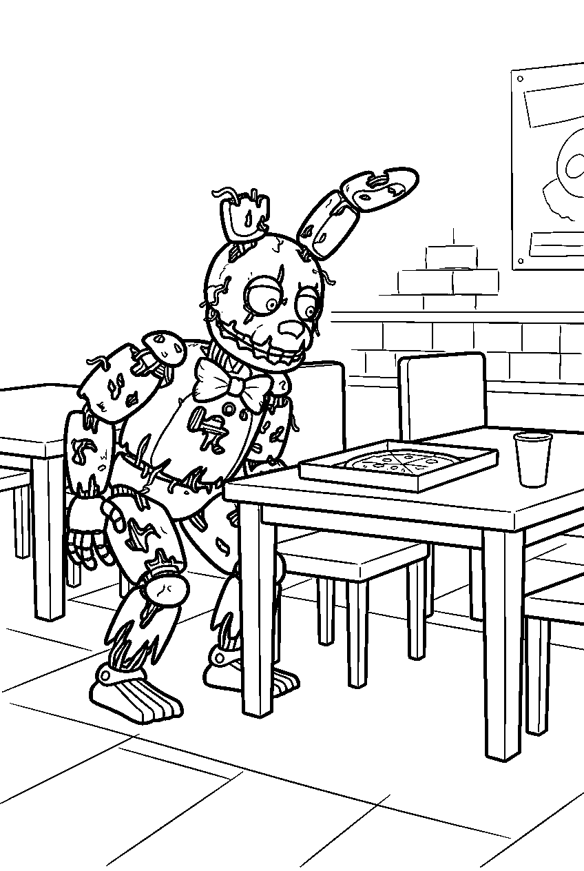 fnaf springtrap searching beside tables in empty dining area line art