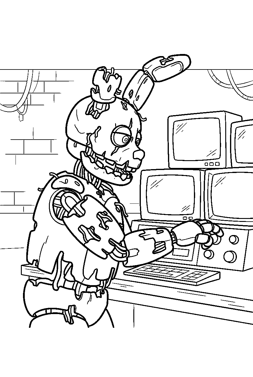 fnaf springtrap searching near monitors in security station line art