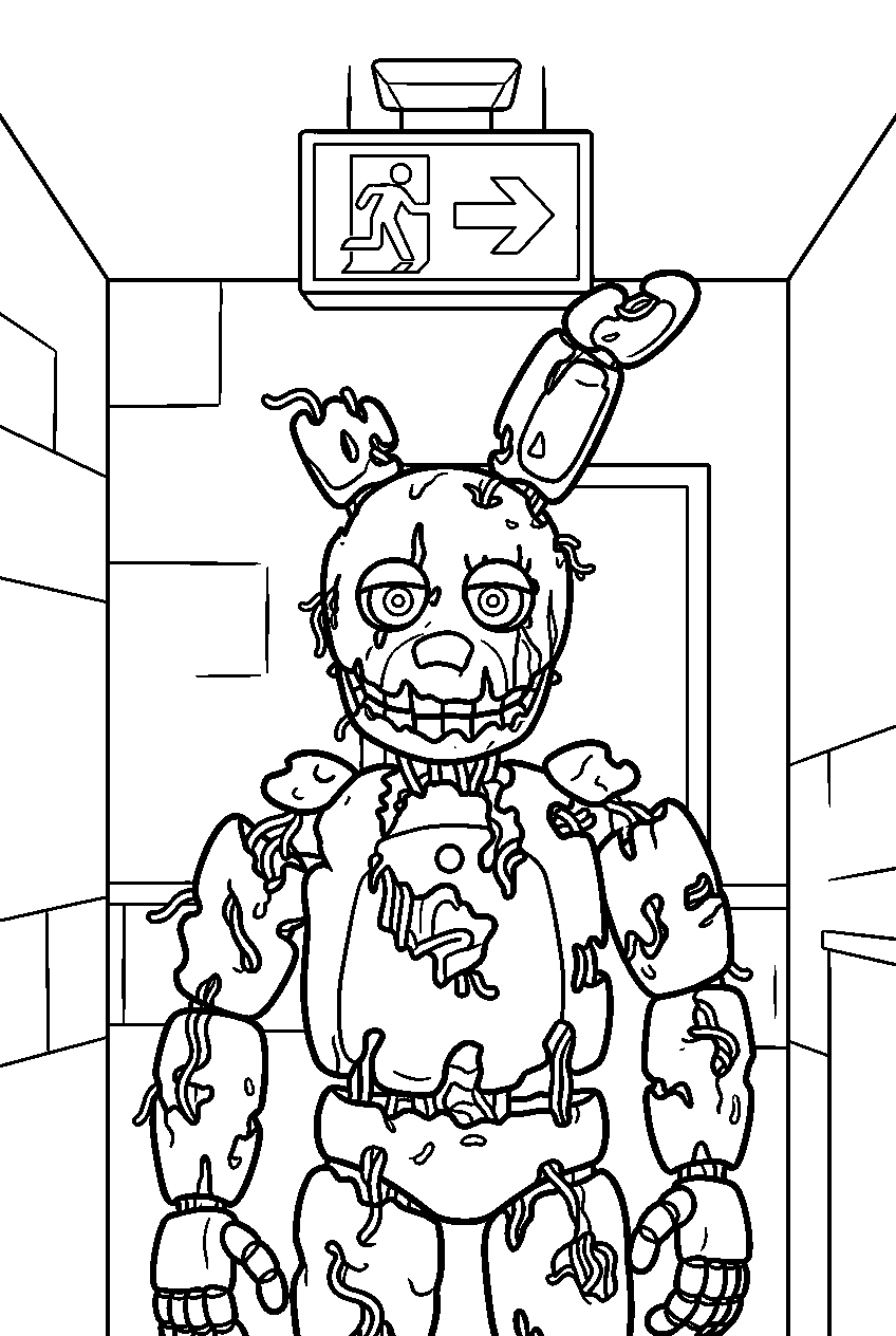 fnaf springtrap standing beneath exit sign in emergency hallway line art