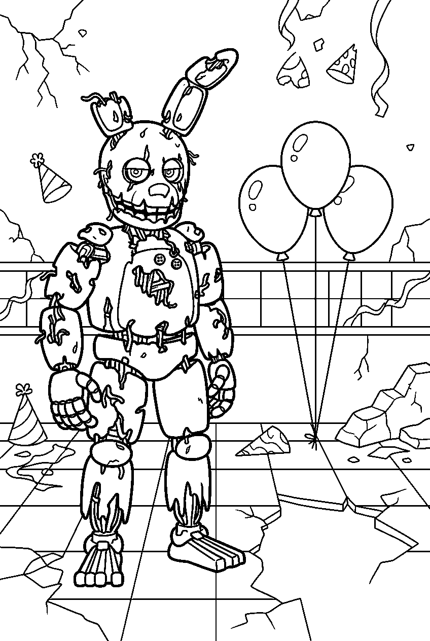 fnaf springtrap standing beside balloons in ruined party room line art