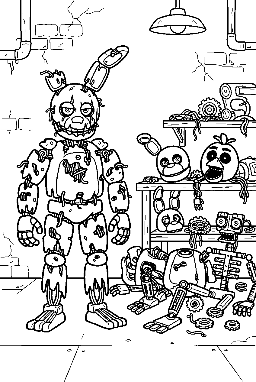 fnaf springtrap standing beside broken animatronics in parts room line art