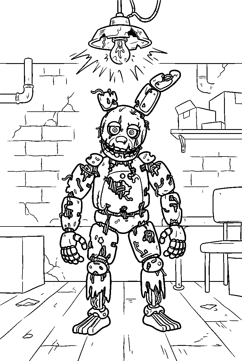 fnaf springtrap standing under flickering light in storage room line art