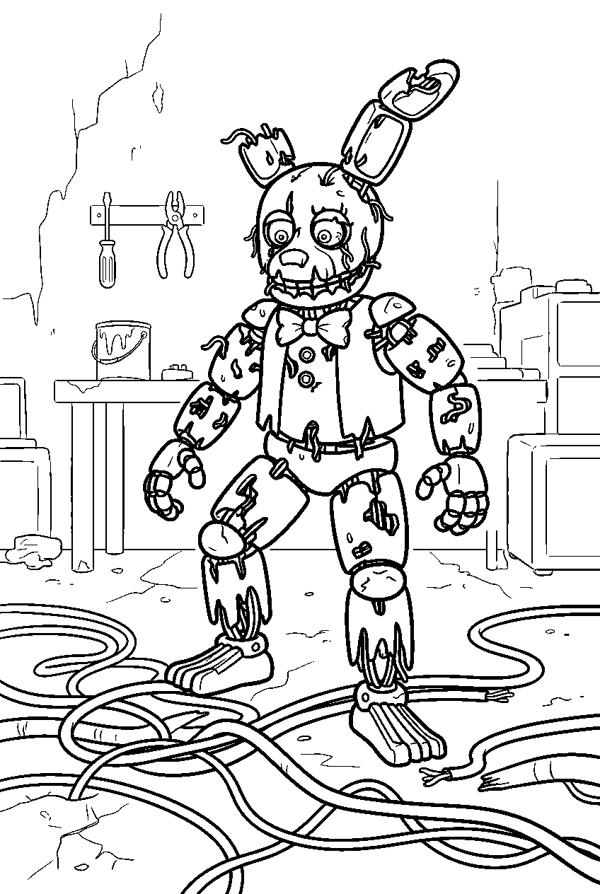 fnaf springtrap stepping over wires in repair workshop line art