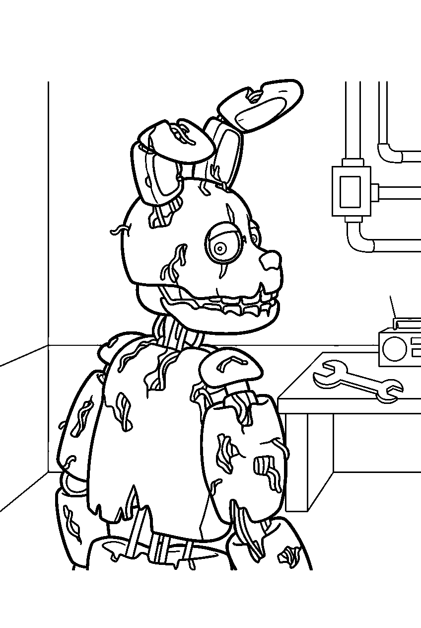 fnaf springtrap turning toward sound in maintenance room line art