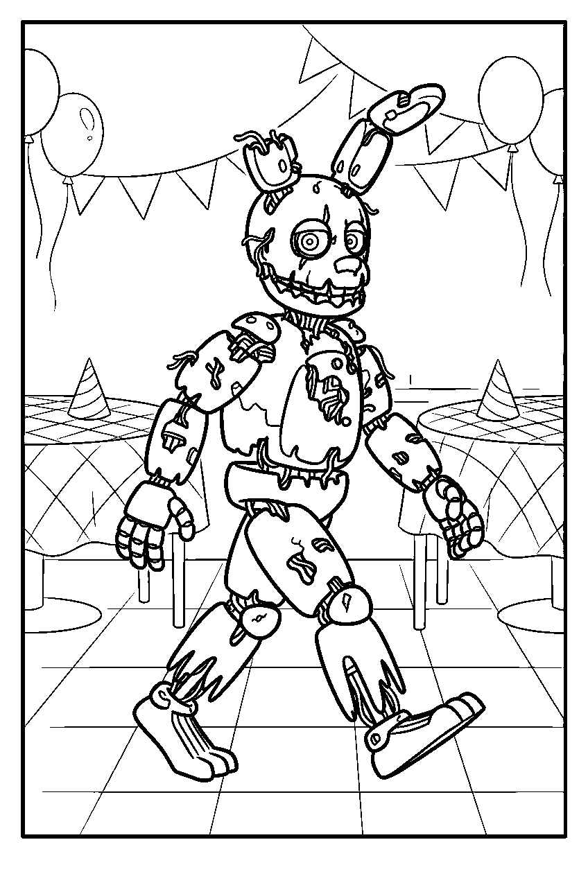 fnaf springtrap walking past party decorations in dining room line art