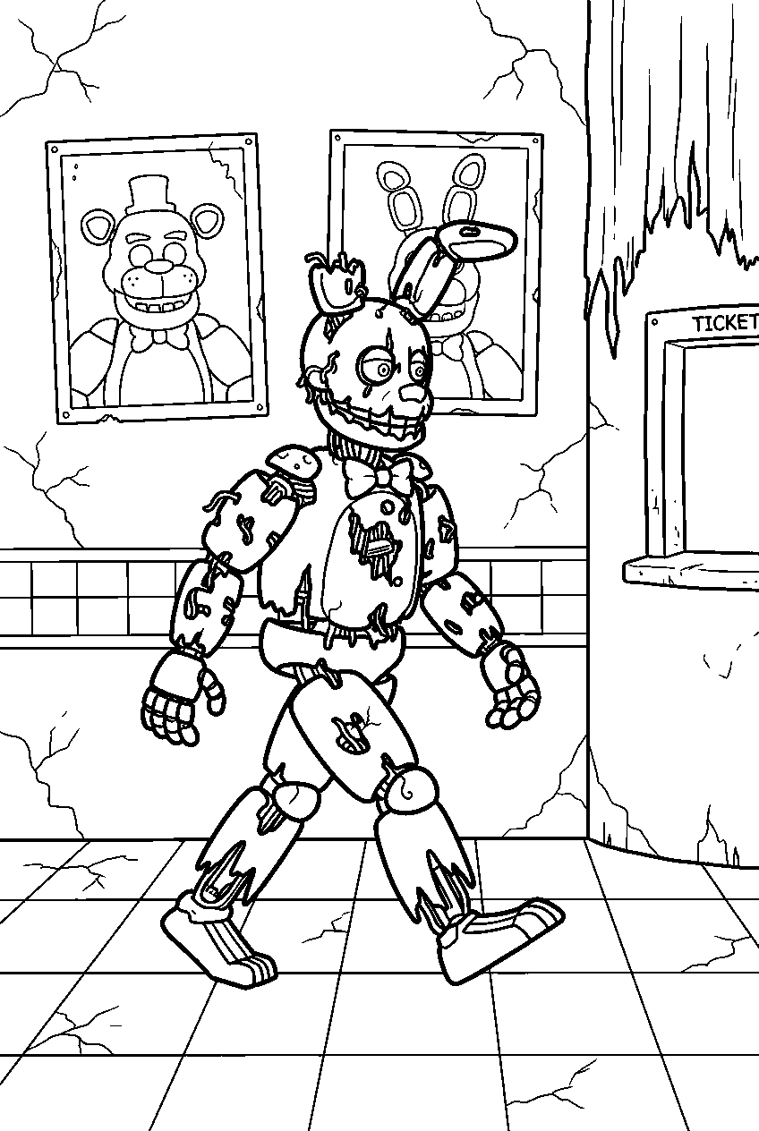 fnaf springtrap walking past posters in abandoned lobby line art