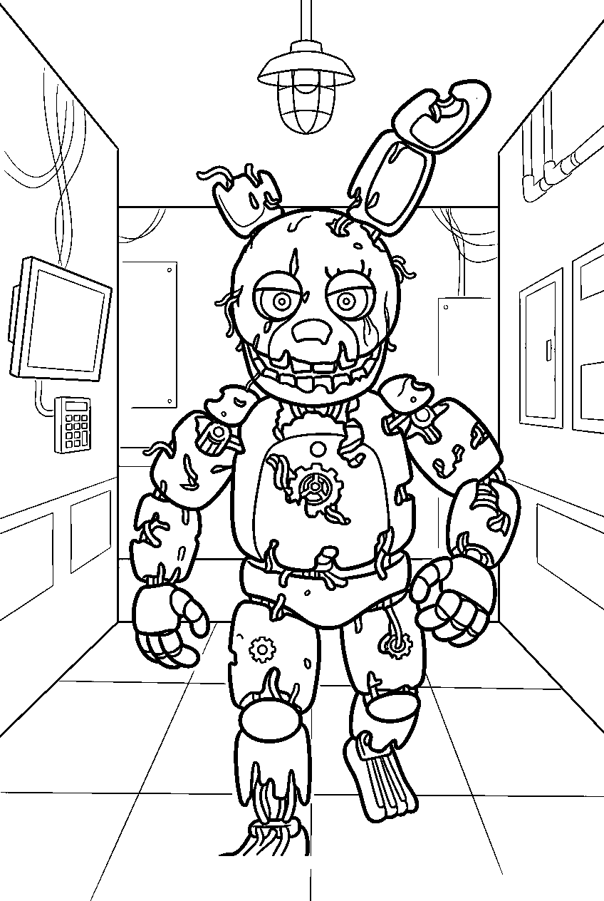 fnaf springtrap walking through dark security corridor line art