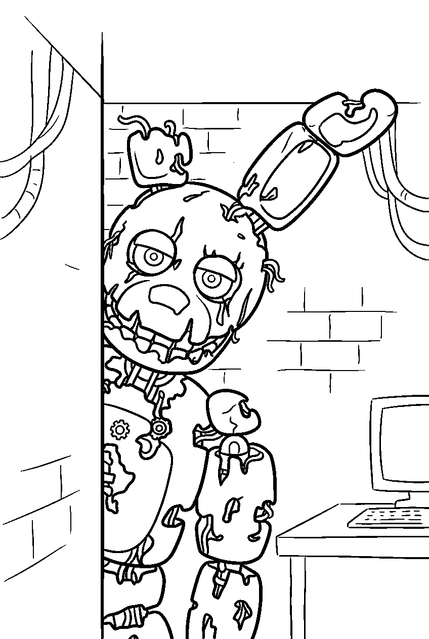 fnaf springtrap watching from corner in surveillance room line art