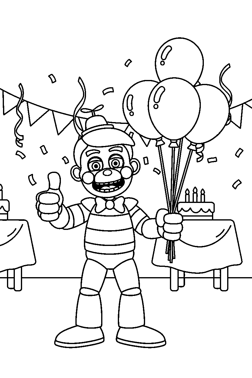 balloon boy fnaf animatronic giving a thumbs up in a festive event room line art