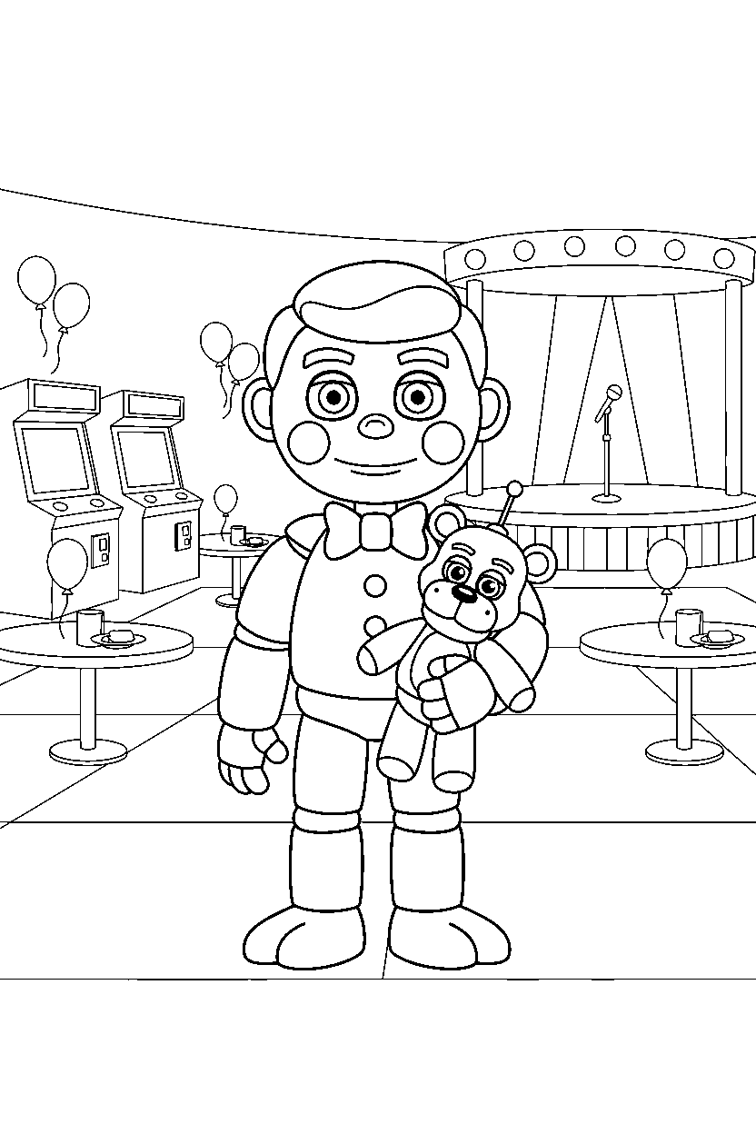 balloon boy fnaf animatronic holding a plush toy in a colorful entertainment hall line art