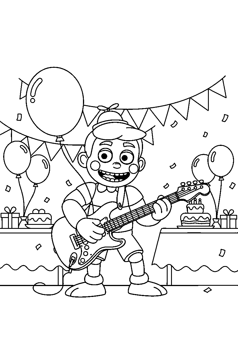 balloon boy fnaf animatronic playing guitar inside a cartoon party hall line art