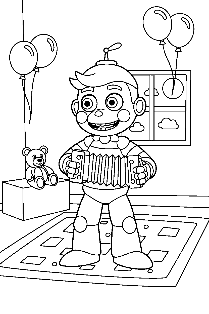 balloon boy fnaf animatronic playing music in a decorated playroom line art