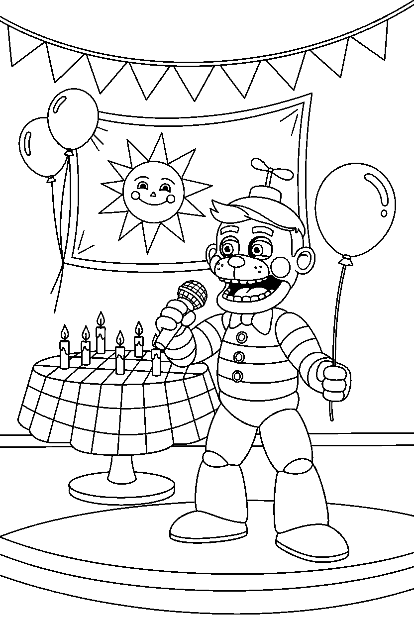 balloon boy fnaf animatronic singing in a birthday celebration room line art