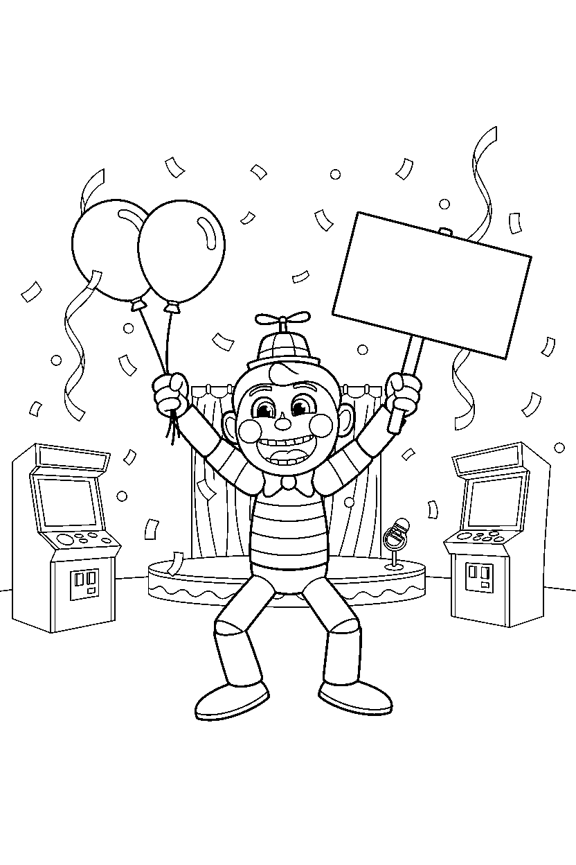 balloon boy from five nights at freddy s celebrating happily in a colorful entertainment hall line art