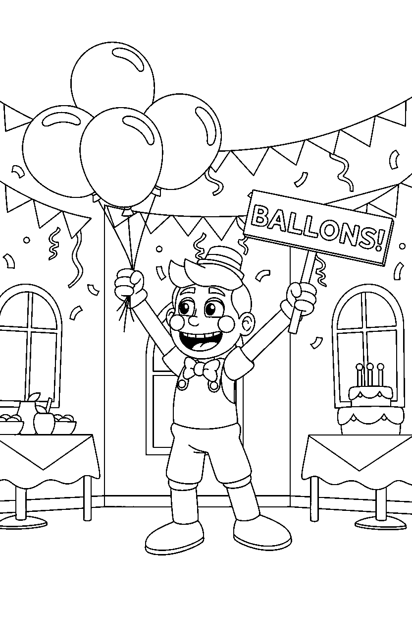 balloon boy from five nights at freddy s celebrating happily in a colorful party hall line art
