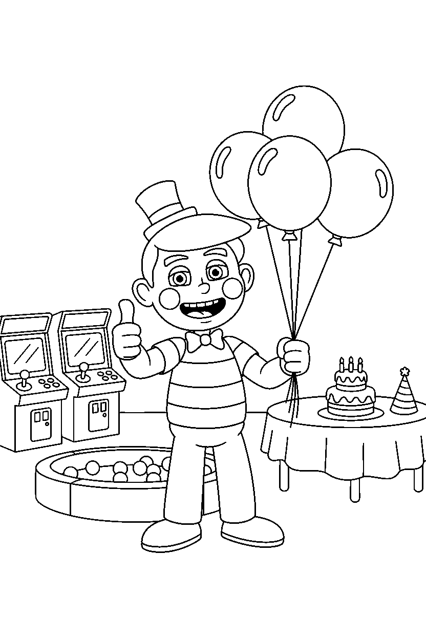 balloon boy from five nights at freddy s giving a thumbs up in a fun entertainment center line art