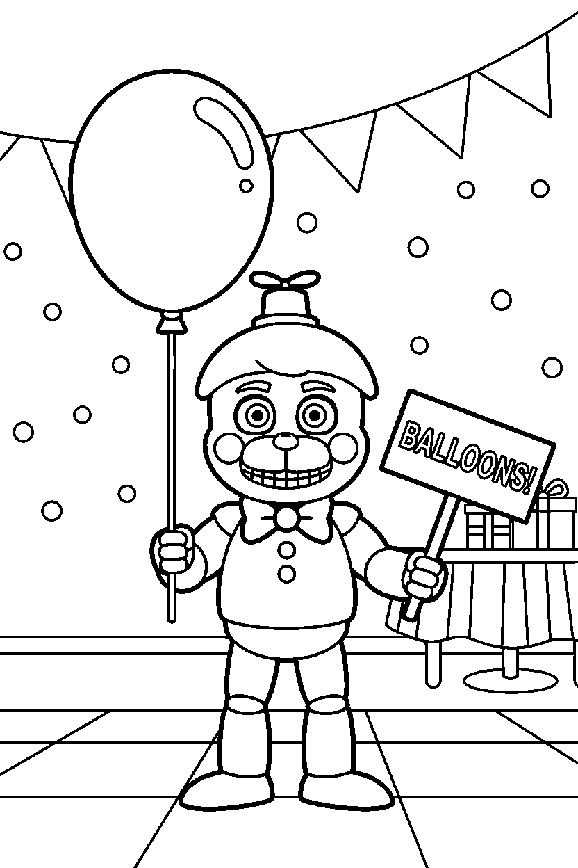 balloon boy from five nights at freddy s holding a balloon inside a cartoon party hall line art