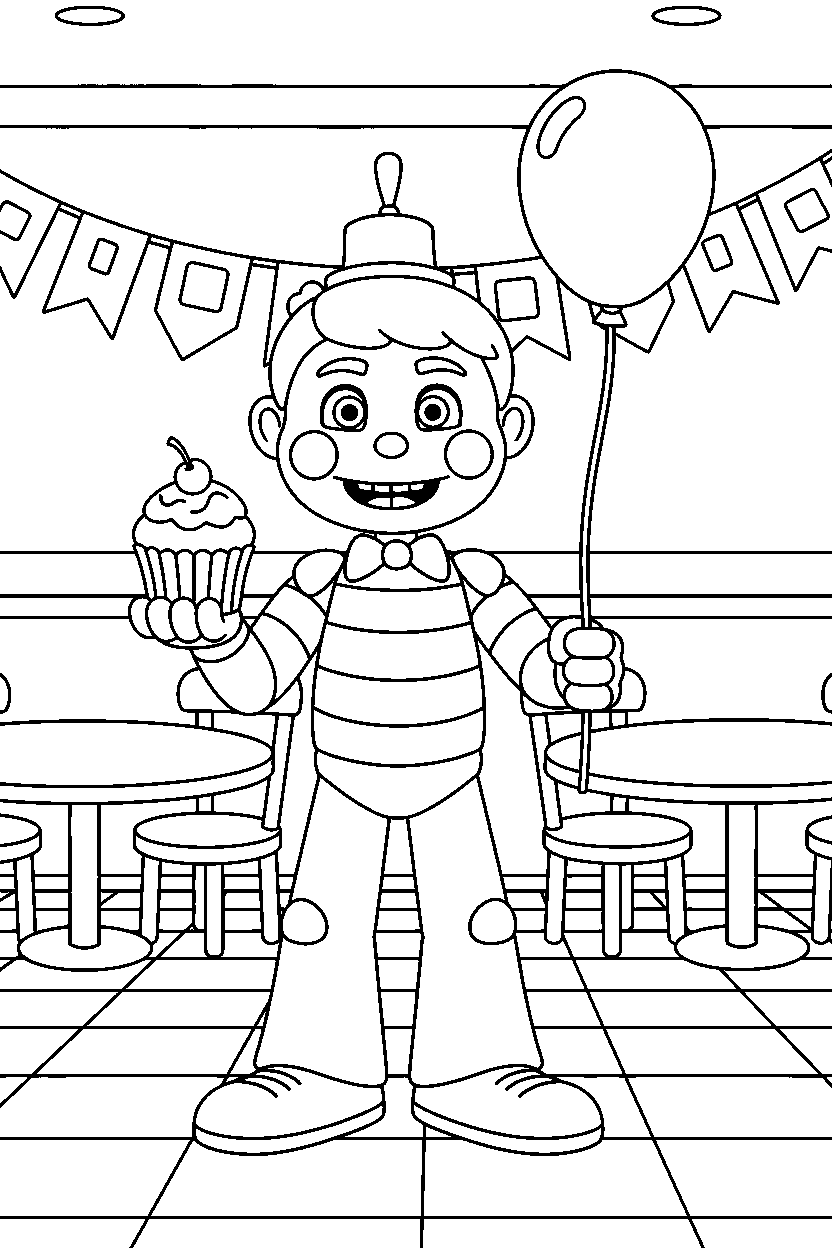 balloon boy from five nights at freddy s holding a cupcake in a pizzeria dining area line art