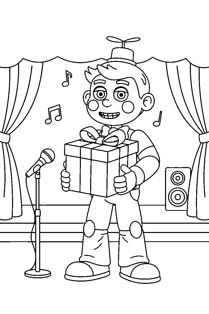 balloon boy from five nights at freddy s holding a gift box in a music stage hall line art