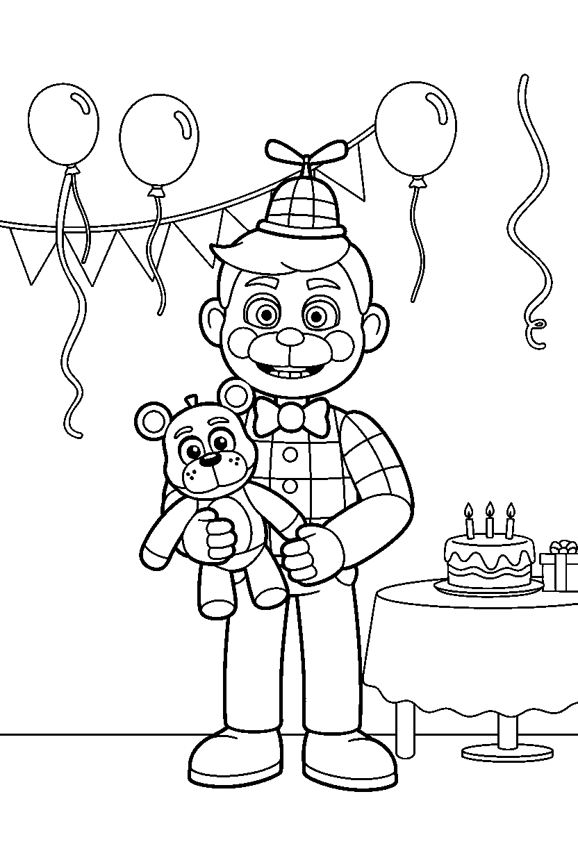 balloon boy from five nights at freddy s holding a plush toy in a colorful party hall line art