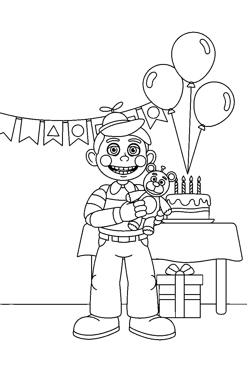 balloon boy from five nights at freddy s holding a plush toy in a decorated party room line art