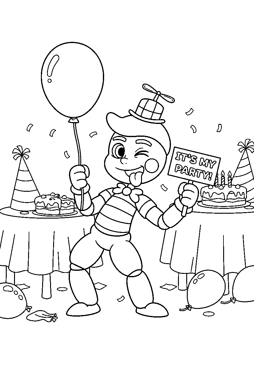 balloon boy from five nights at freddy s making a funny pose in a birthday celebration room line art