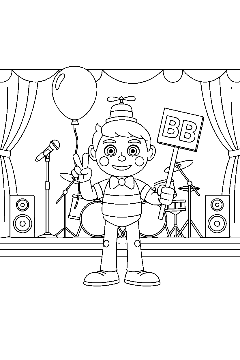 balloon boy from five nights at freddy s making a peace sign in a music stage hall line art