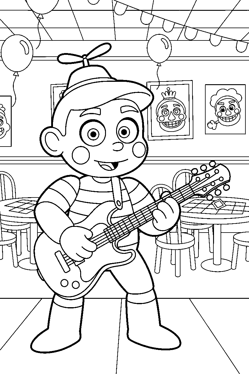 balloon boy from five nights at freddy s playing guitar in a pizzeria dining area line art