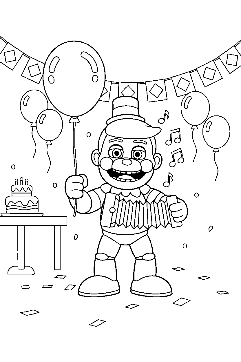 balloon boy from five nights at freddy s playing music in a bright party room line art