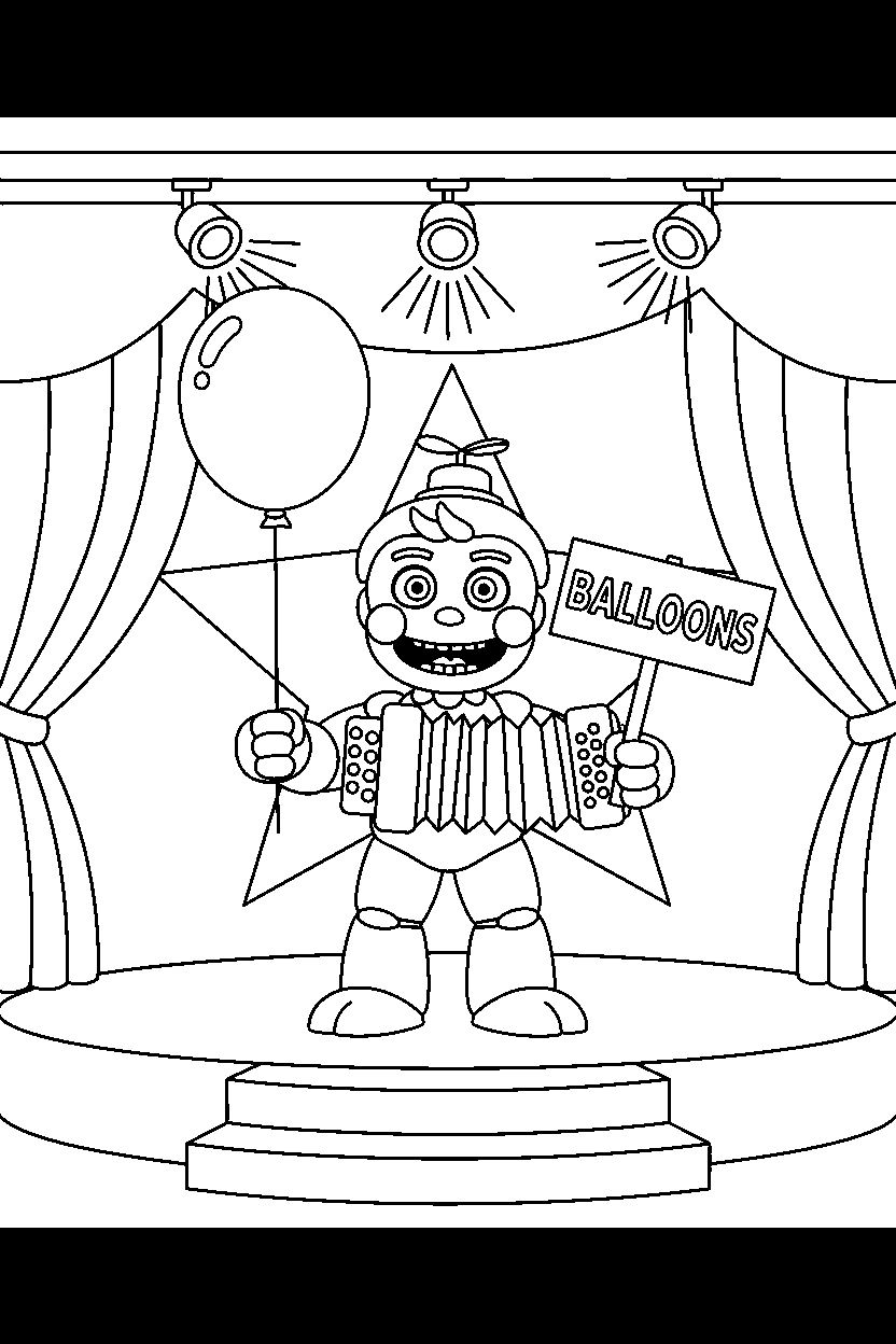 balloon boy from five nights at freddy s playing music on a performance stage line art