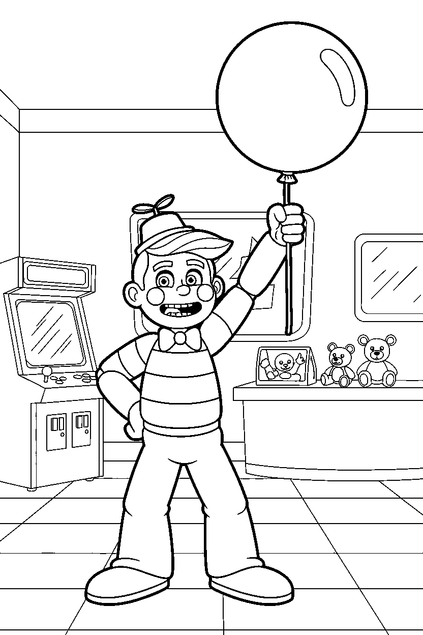 balloon boy from five nights at freddy s posing heroically in a bright game arcade line art
