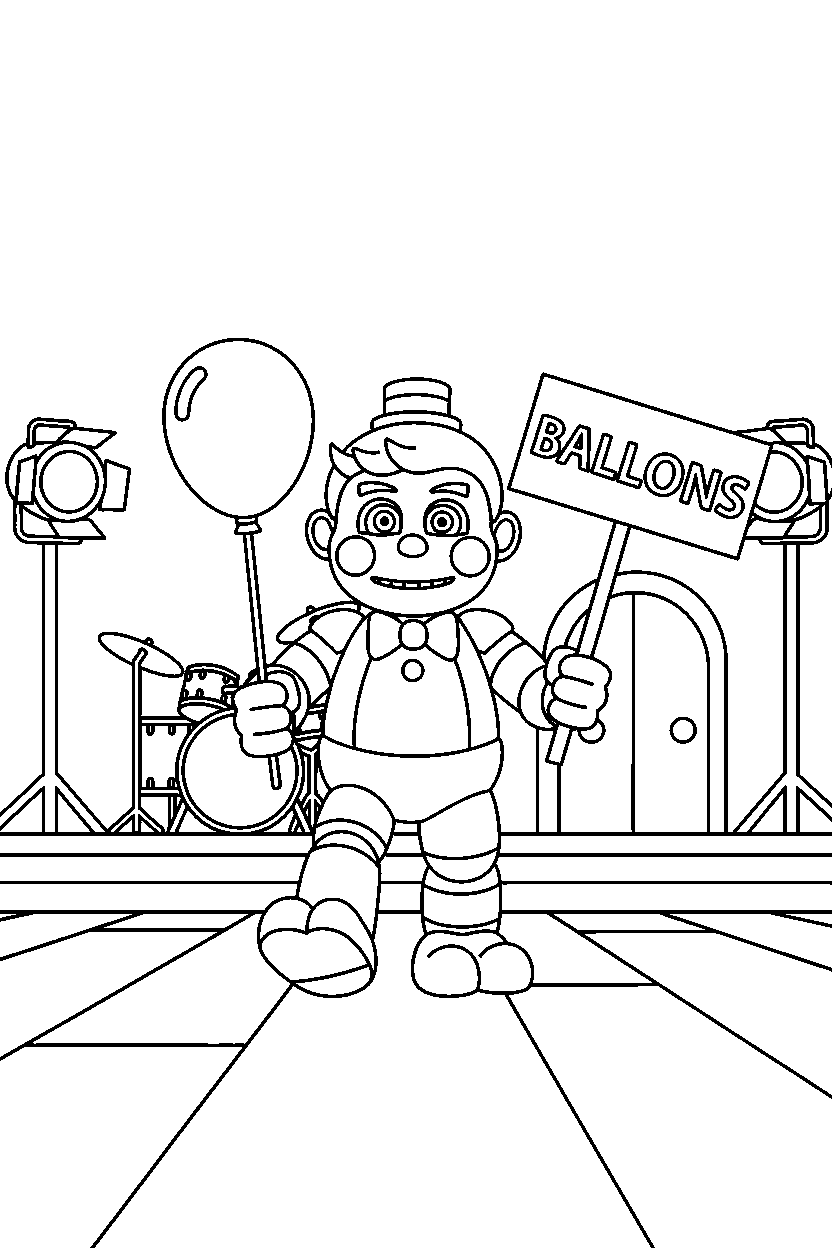 balloon boy from five nights at freddy s walking forward in a music stage hall line art