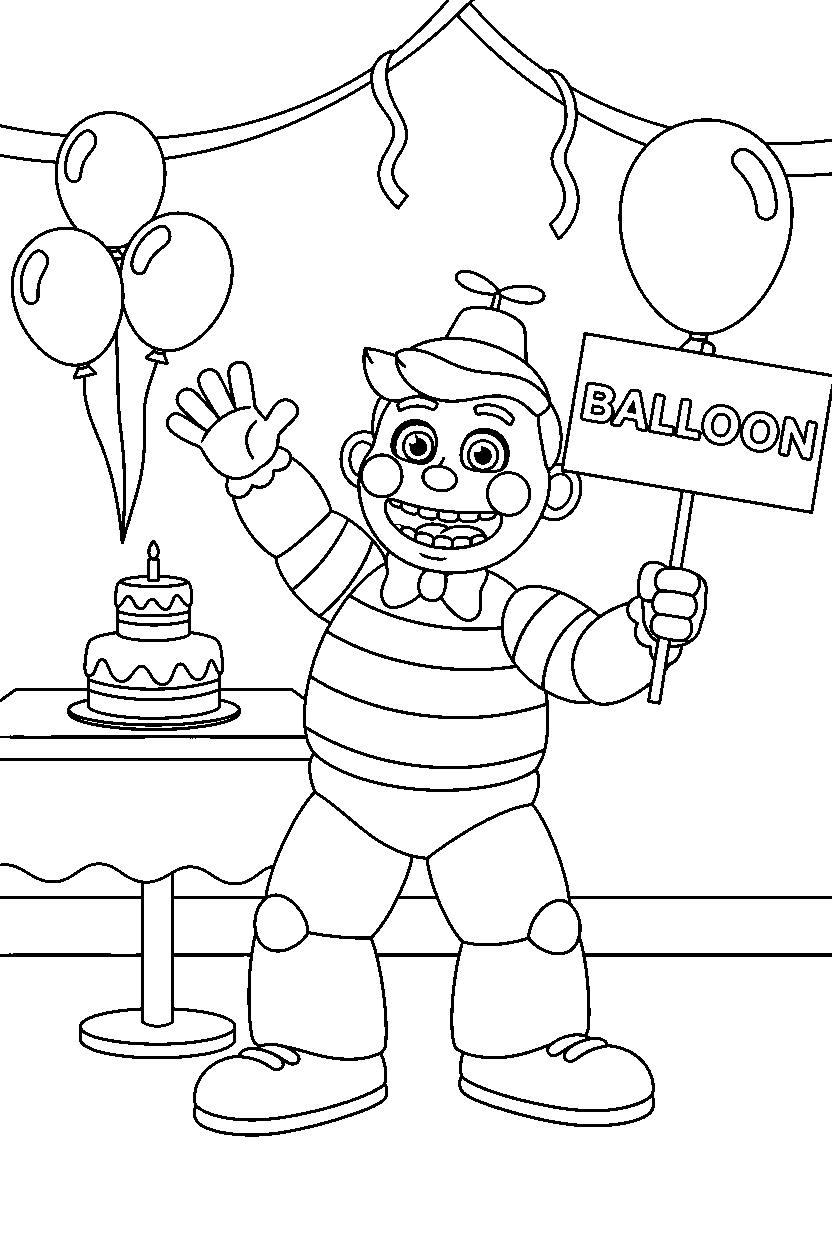balloon boy from five nights at freddy s waving happily in a decorated party room line art