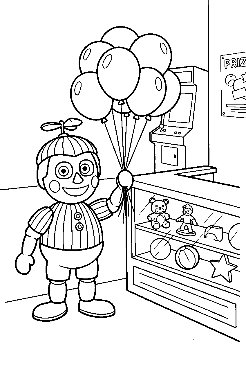 balloon boy holding balloons beside an arcade prize counter line art