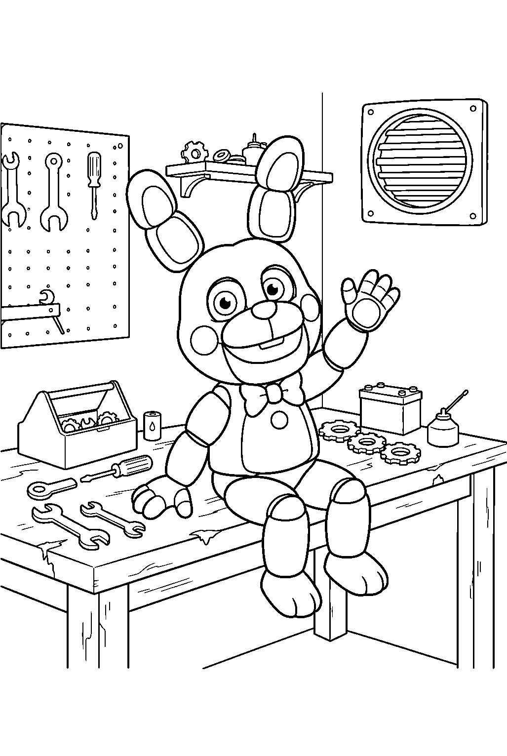 bon bon waving from a workbench inside the maintenance room line art