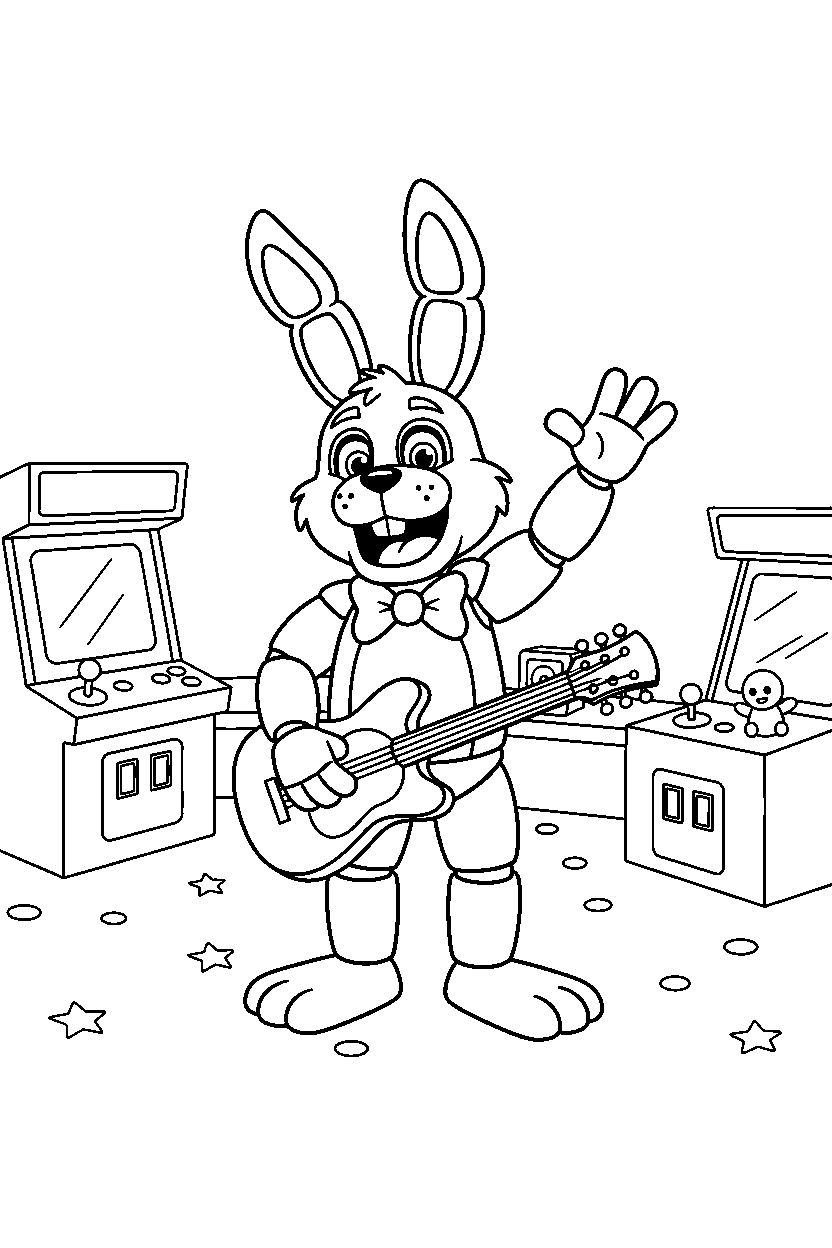 bonnie the bunny fnaf animatronic greeting happily in a bright game arcade line art