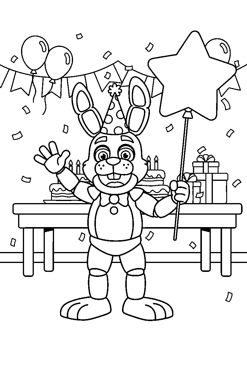 bonnie the bunny fnaf animatronic greeting happily in a festive event room line art