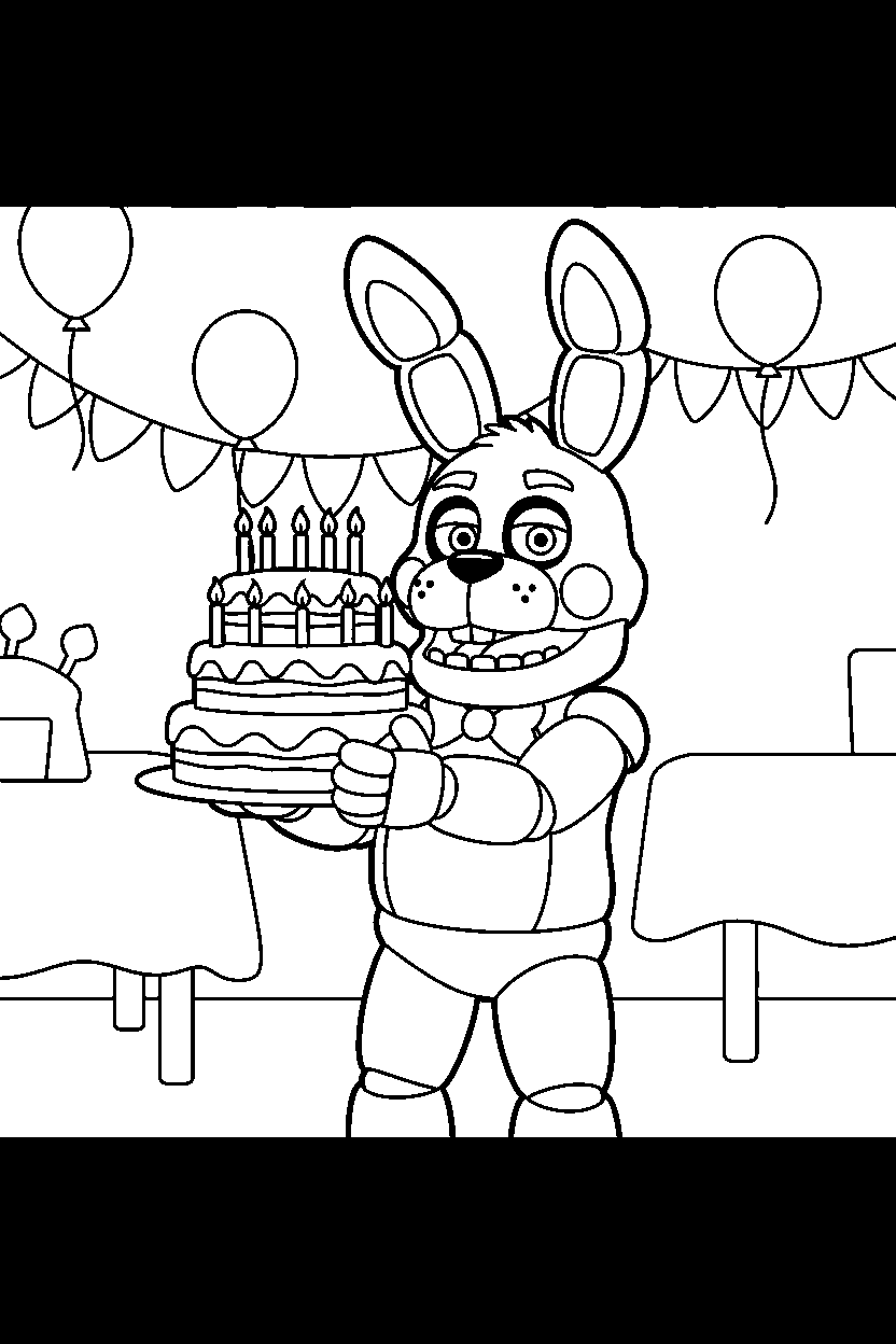 bonnie the bunny fnaf animatronic holding a cake in a bright party room line art