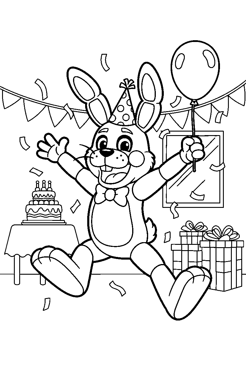 bonnie the bunny from five nights at freddy s dancing happily in a decorated party room line art