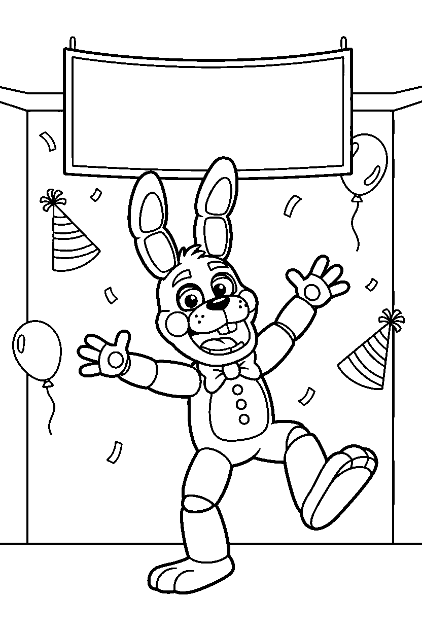 bonnie the bunny from five nights at freddy s dancing happily inside a cartoon party hall line art