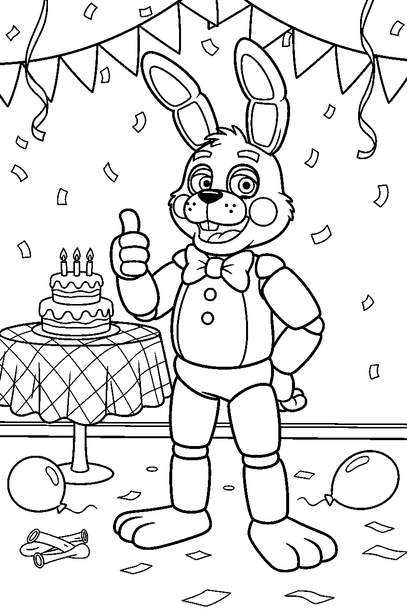 bonnie the bunny from five nights at freddy s giving a thumbs up in a decorated party room line art
