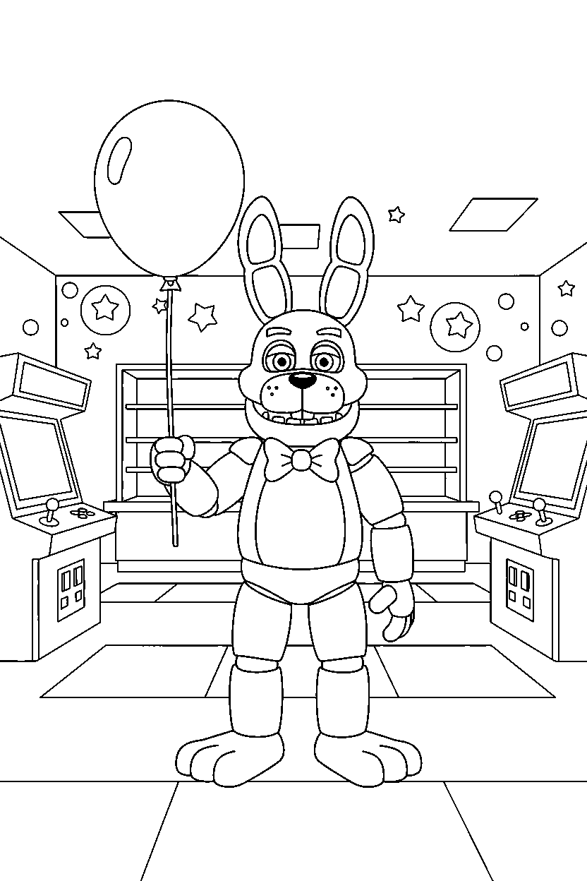 bonnie the bunny from five nights at freddy s holding a balloon in a bright game arcade line art