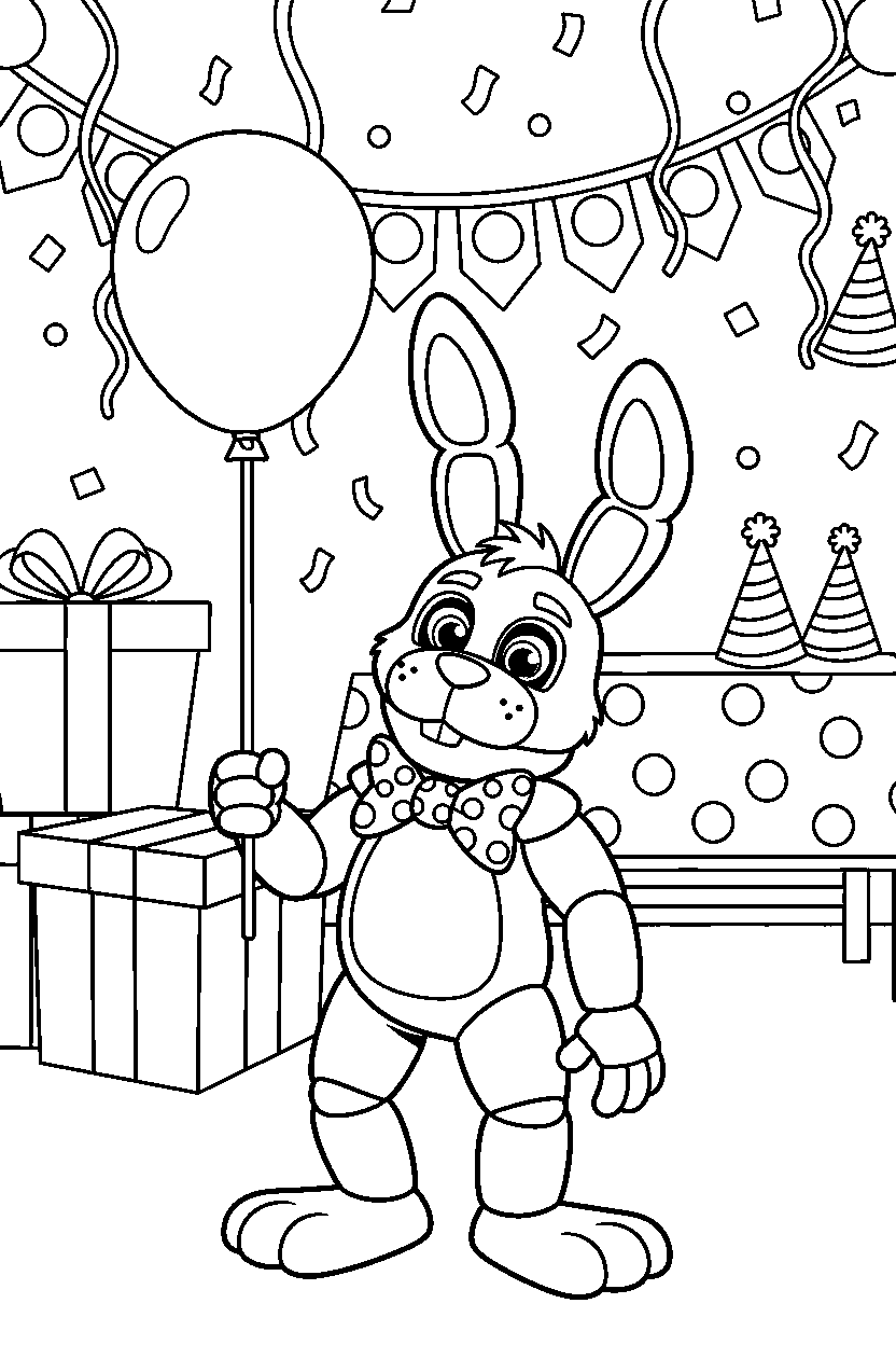bonnie the bunny from five nights at freddy s holding a balloon in a colorful party hall line art