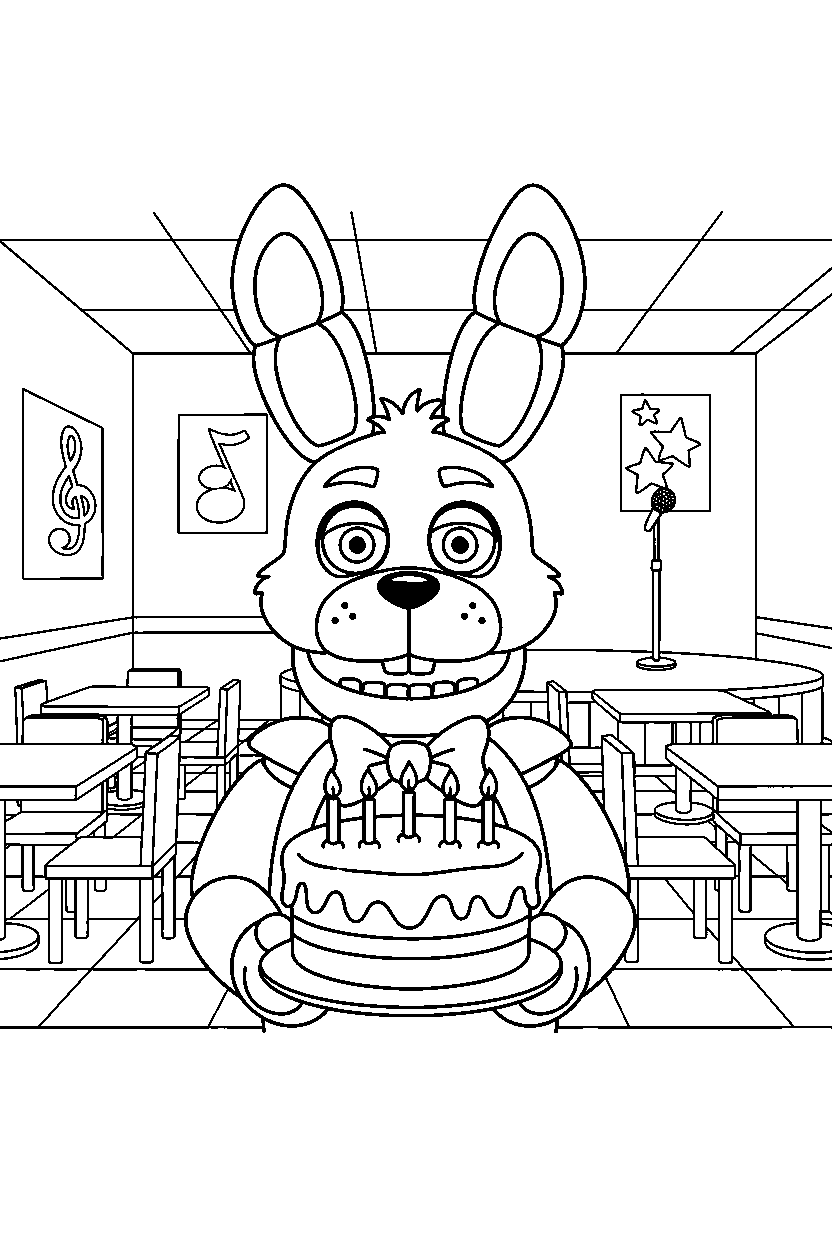 bonnie the bunny from five nights at freddy s holding a cake in a pizzeria dining area line art