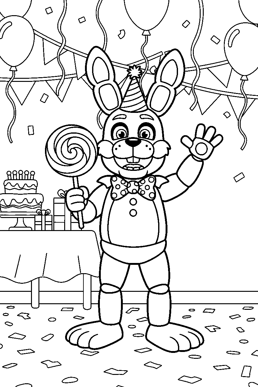 bonnie the bunny from five nights at freddy s holding a candy in a colorful party hall line art