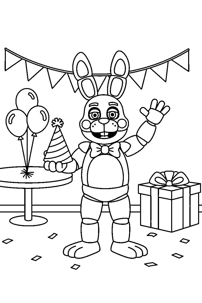 bonnie the bunny from five nights at freddy s holding a party hat in a decorated playroom line art