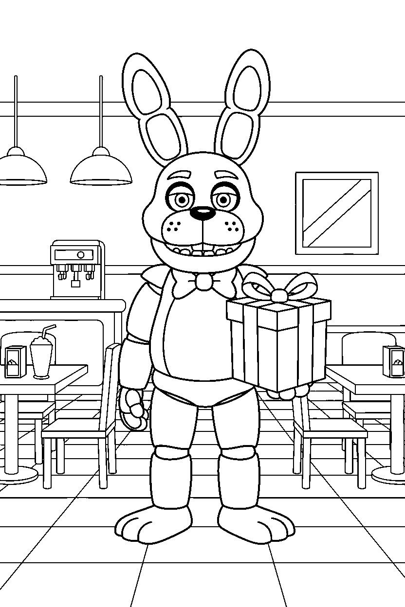 bonnie the bunny from five nights at freddy s holding a present in a family restaurant line art