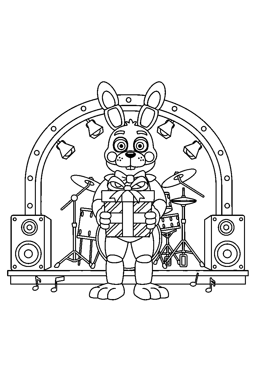 bonnie the bunny from five nights at freddy s holding a present in a music stage hall line art